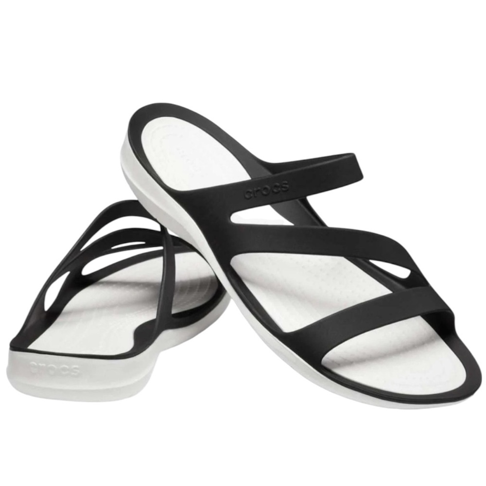 CROCS WOMEN SWIFTWATER BLACK & WHITE STRAPPY SLIDES SANDALS FLEXIBLE STRAPS SZ 8